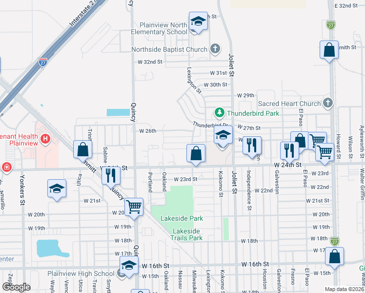 map of restaurants, bars, coffee shops, grocery stores, and more near 1406 West 24th Street in Plainview