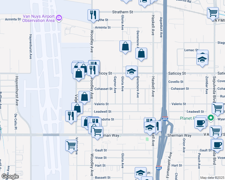 map of restaurants, bars, coffee shops, grocery stores, and more near 15950 Cohasset Street in Los Angeles