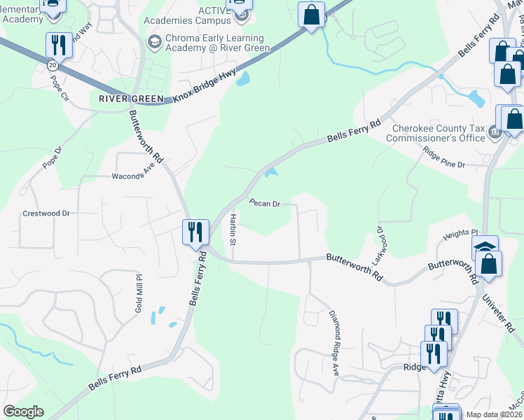 map of restaurants, bars, coffee shops, grocery stores, and more near 415 Pecan Drive in Canton