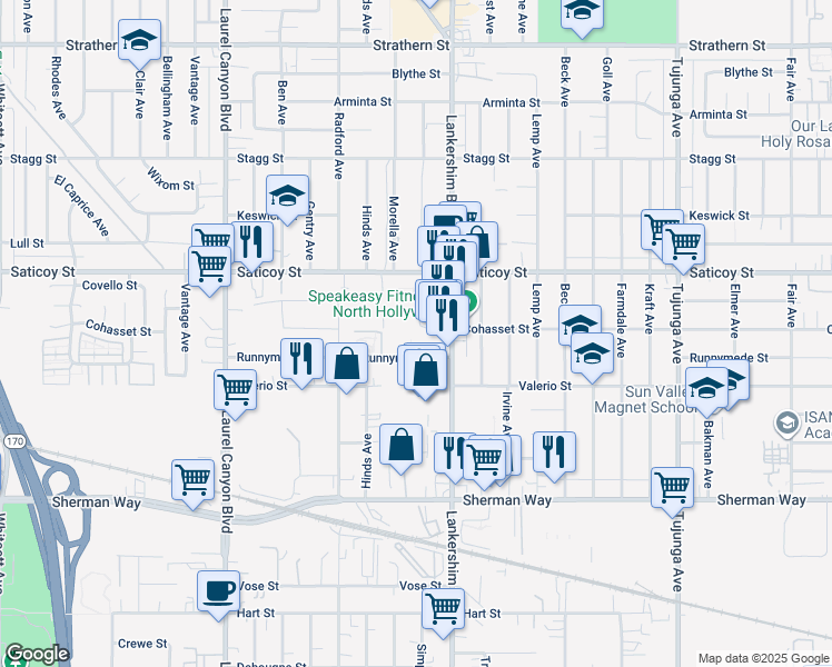 map of restaurants, bars, coffee shops, grocery stores, and more near 11737 Runnymede Street in Los Angeles