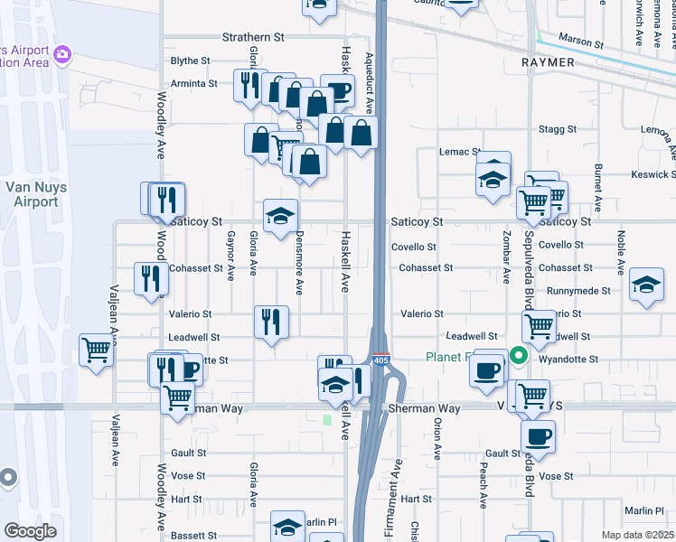 map of restaurants, bars, coffee shops, grocery stores, and more near 7442 Dempsey Avenue in Los Angeles