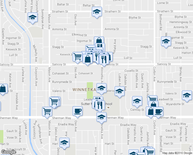 map of restaurants, bars, coffee shops, grocery stores, and more near 20143 Runnymede Street in Los Angeles