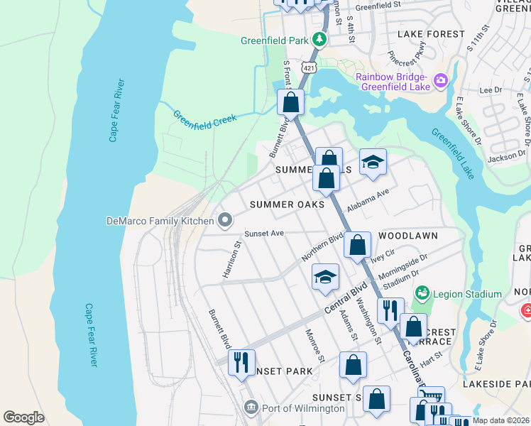 map of restaurants, bars, coffee shops, grocery stores, and more near 201 Sunset Ave in Wilmington