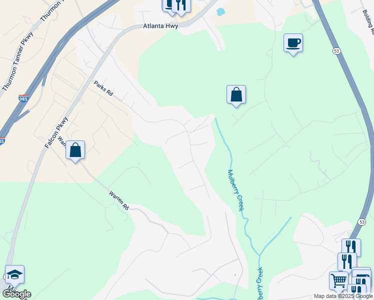 map of restaurants, bars, coffee shops, grocery stores, and more near 4020 Parks Road in Flowery Branch