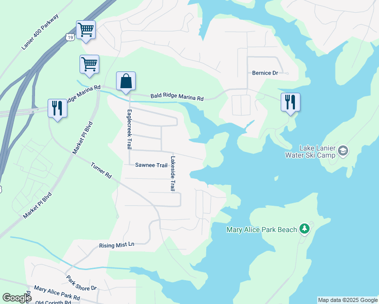 map of restaurants, bars, coffee shops, grocery stores, and more near 2155 Cove Trail in Cumming