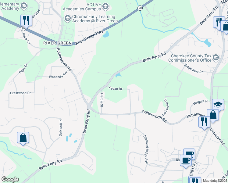 map of restaurants, bars, coffee shops, grocery stores, and more near 415 Pecan Drive in Canton