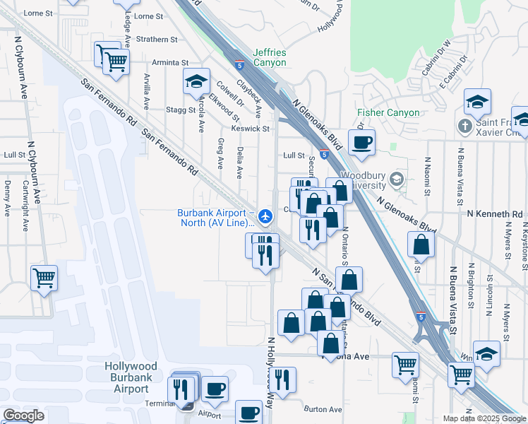 map of restaurants, bars, coffee shops, grocery stores, and more near 3500 North San Fernando Boulevard in Burbank