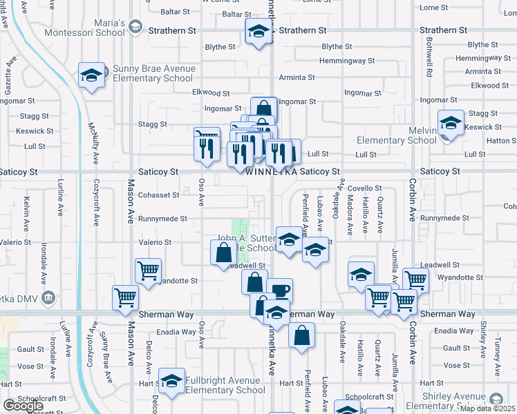 map of restaurants, bars, coffee shops, grocery stores, and more near 20122 Cohasset Street in Los Angeles