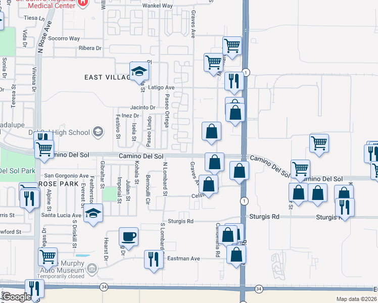 map of restaurants, bars, coffee shops, grocery stores, and more near 506 Calle Capistrano in Oxnard
