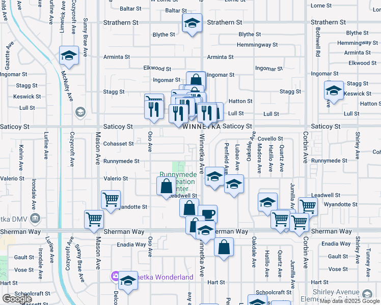 map of restaurants, bars, coffee shops, grocery stores, and more near 20122 Cohasset Street in Los Angeles