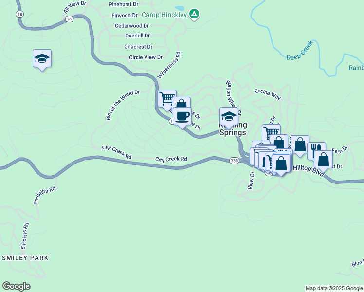 map of restaurants, bars, coffee shops, grocery stores, and more near 31607 Inspiration Drive in Running Springs