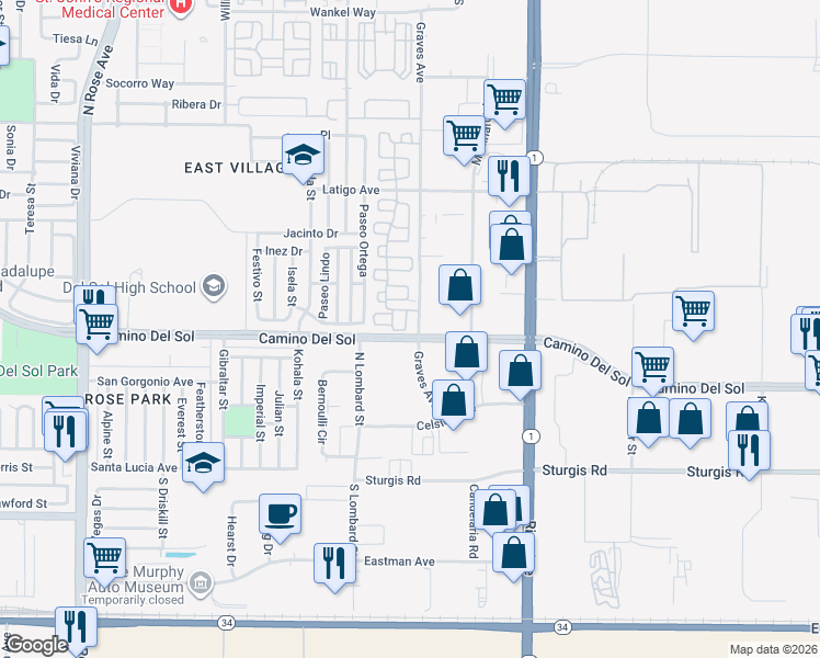 map of restaurants, bars, coffee shops, grocery stores, and more near 506 Calle Capistrano in Oxnard