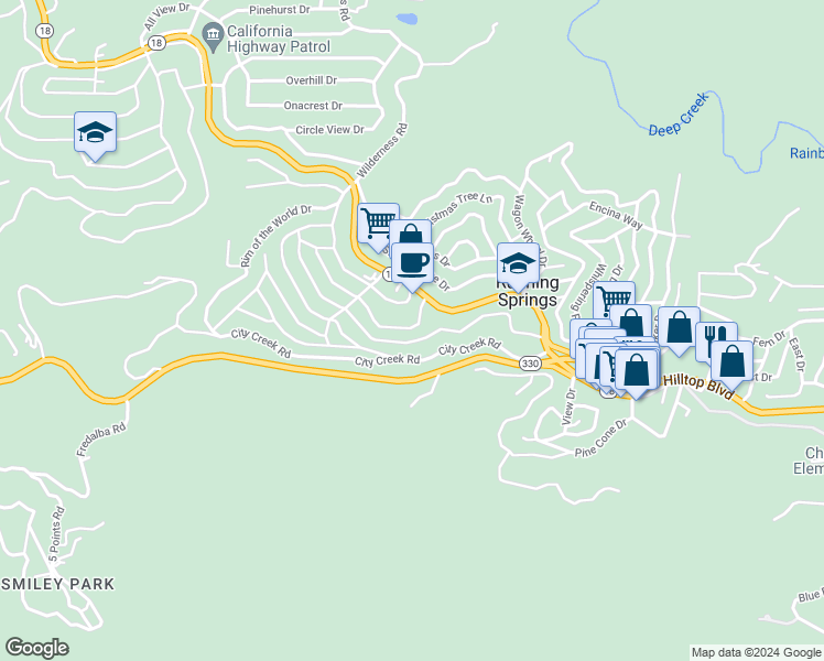 map of restaurants, bars, coffee shops, grocery stores, and more near 31607 Inspiration Drive in Running Springs