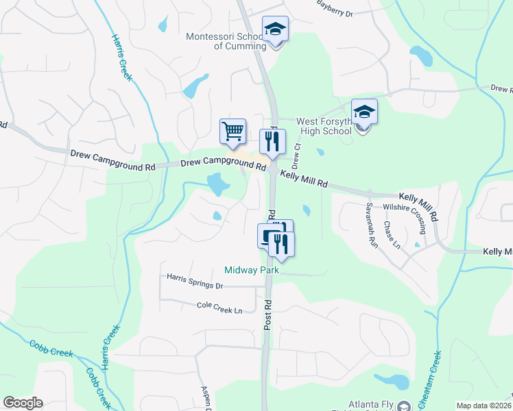 map of restaurants, bars, coffee shops, grocery stores, and more near 3525 Moor Pointe Drive in Cumming