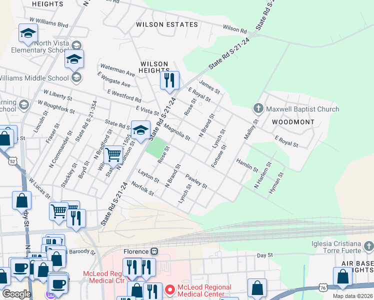 map of restaurants, bars, coffee shops, grocery stores, and more near 812 North Brand Street in Florence