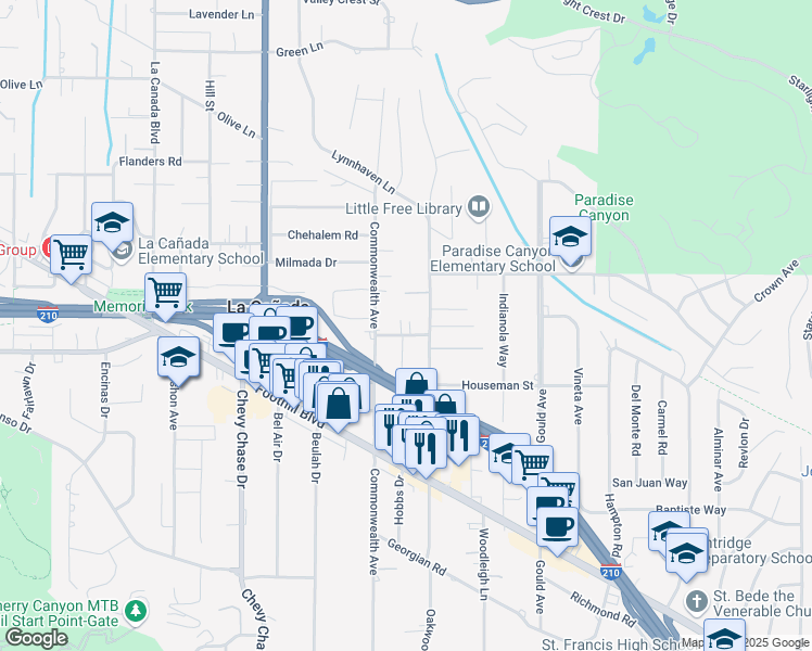map of restaurants, bars, coffee shops, grocery stores, and more near 721 Craig Avenue in La Cañada Flintridge