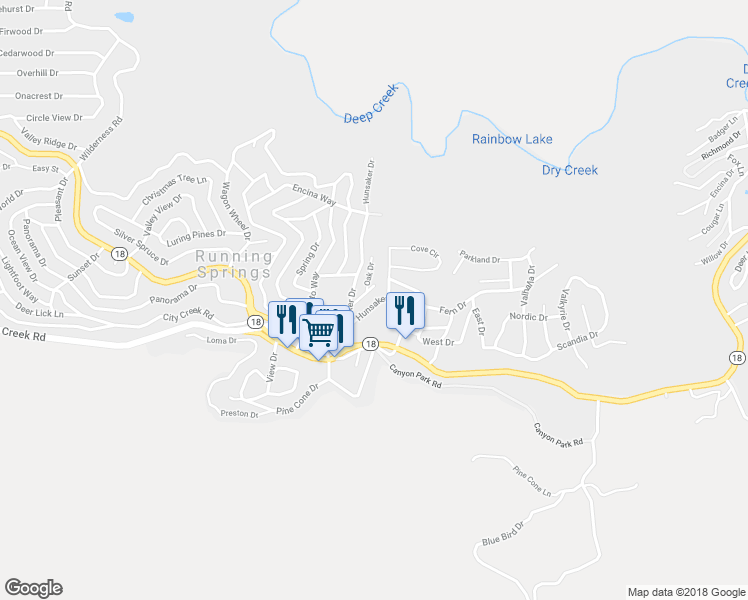 map of restaurants, bars, coffee shops, grocery stores, and more near 32094 Hunsaker Way in Running Springs
