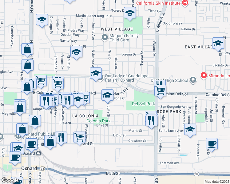 map of restaurants, bars, coffee shops, grocery stores, and more near 501 Orilla Walk in Oxnard