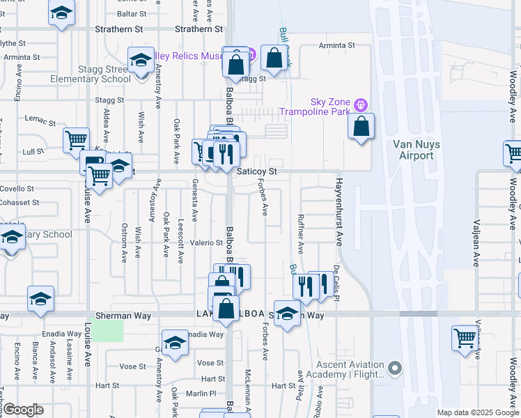 map of restaurants, bars, coffee shops, grocery stores, and more near 7465 Forbes Avenue in Los Angeles