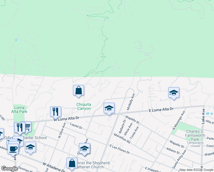 map of restaurants, bars, coffee shops, grocery stores, and more near Jaxine Drive in Altadena