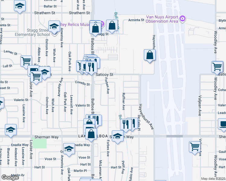 map of restaurants, bars, coffee shops, grocery stores, and more near 7465 Whitaker Avenue in Los Angeles