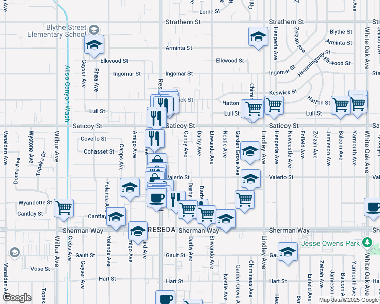 map of restaurants, bars, coffee shops, grocery stores, and more near 7441 Darby Avenue in Los Angeles