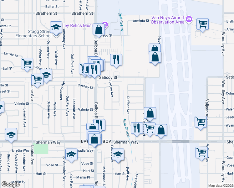 map of restaurants, bars, coffee shops, grocery stores, and more near 7465 Whitaker Avenue in Los Angeles