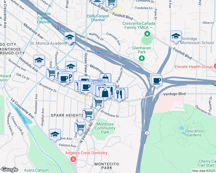 map of restaurants, bars, coffee shops, grocery stores, and more near 2340 Del Mar Road in La Crescenta-Montrose