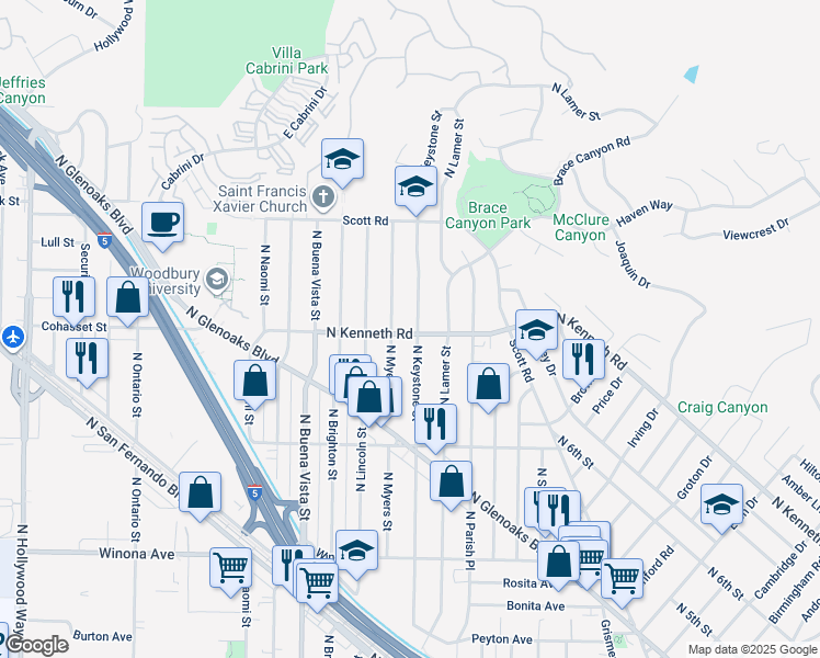 map of restaurants, bars, coffee shops, grocery stores, and more near 2701 North Keystone Street in Burbank