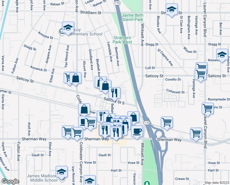 map of restaurants, bars, coffee shops, grocery stores, and more near 12641 Saticoy Street South in Los Angeles