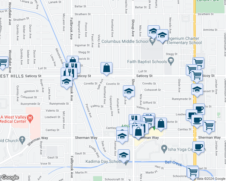 map of restaurants, bars, coffee shops, grocery stores, and more near 7447 Asman Avenue in Los Angeles