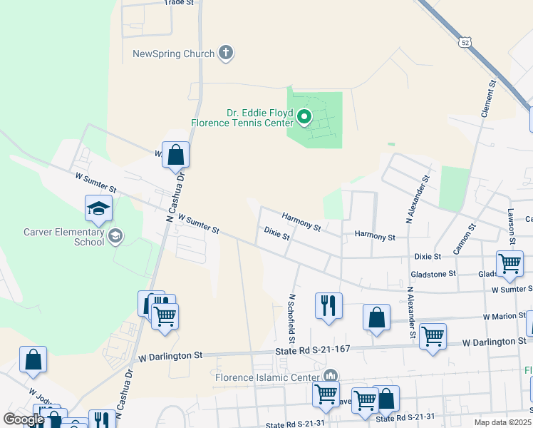 map of restaurants, bars, coffee shops, grocery stores, and more near 1324 Harmony Street in Florence