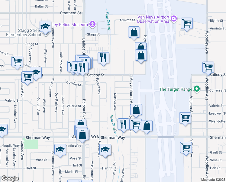 map of restaurants, bars, coffee shops, grocery stores, and more near 7437 Ruffner Avenue in Los Angeles