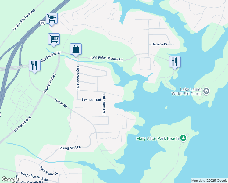 map of restaurants, bars, coffee shops, grocery stores, and more near 2155 Cove Trail in Cumming
