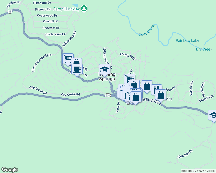 map of restaurants, bars, coffee shops, grocery stores, and more near 31798 City Creek Road in Running Springs
