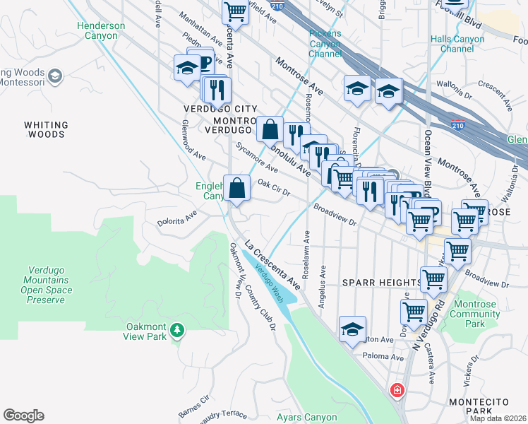 map of restaurants, bars, coffee shops, grocery stores, and more near 1324 Shirlyjean Street in Glendale