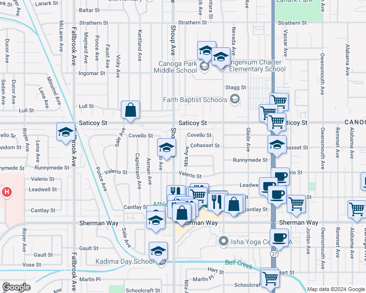 map of restaurants, bars, coffee shops, grocery stores, and more near 7501 Nita Avenue in Los Angeles