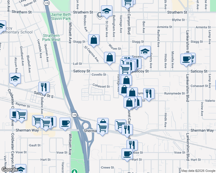 map of restaurants, bars, coffee shops, grocery stores, and more near Saint Clair Avenue in Los Angeles