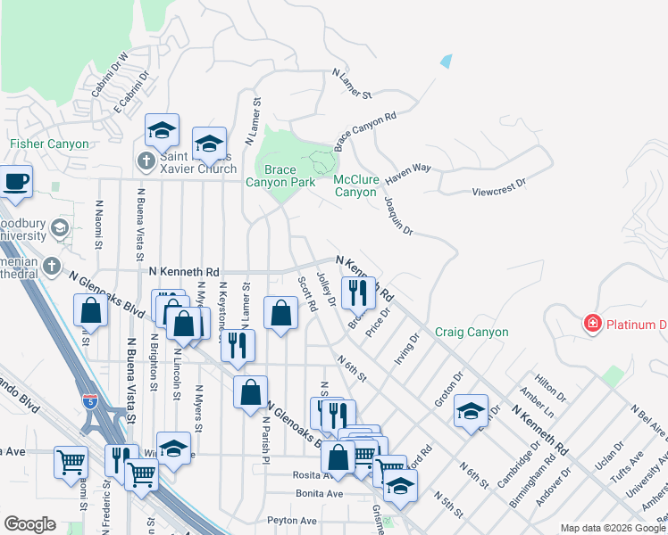 map of restaurants, bars, coffee shops, grocery stores, and more near 2779 Mansfield Drive in Burbank
