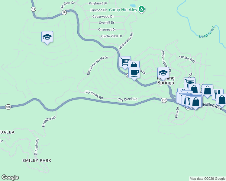 map of restaurants, bars, coffee shops, grocery stores, and more near 2595 Sunset Drive in Running Springs