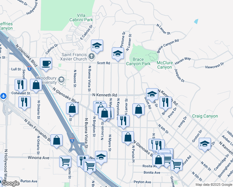 map of restaurants, bars, coffee shops, grocery stores, and more near 2701 North Keystone Street in Burbank