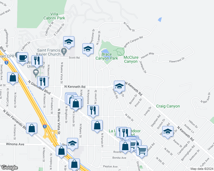 map of restaurants, bars, coffee shops, grocery stores, and more near 2916 North Kenneth Road in Burbank