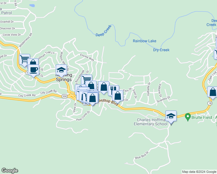 map of restaurants, bars, coffee shops, grocery stores, and more near 32065 Hunsaker Way in Running Springs