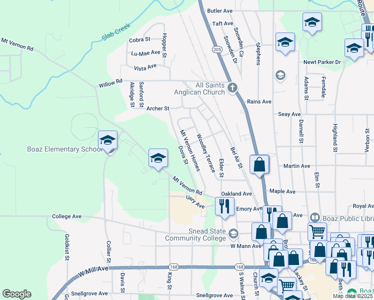map of restaurants, bars, coffee shops, grocery stores, and more near 93 Mount Vernon Homes in Boaz