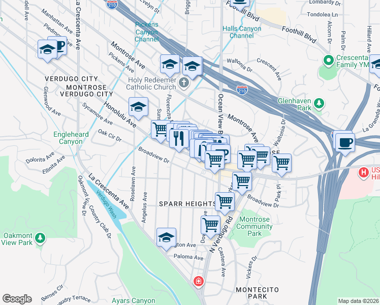 map of restaurants, bars, coffee shops, grocery stores, and more near 2355 Honolulu Avenue in Glendale