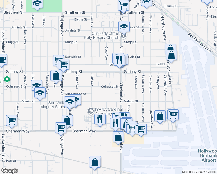 map of restaurants, bars, coffee shops, grocery stores, and more near 11110 Cohasset Street in Los Angeles