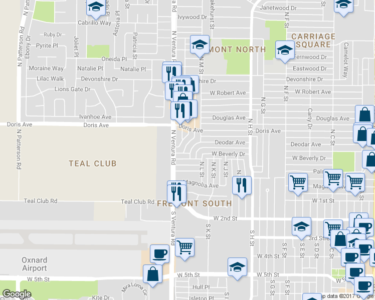 map of restaurants, bars, coffee shops, grocery stores, and more near 431 North M Street in Oxnard