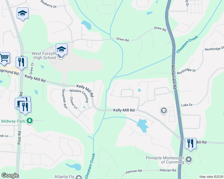 map of restaurants, bars, coffee shops, grocery stores, and more near 4775 Westgate Drive in Cumming