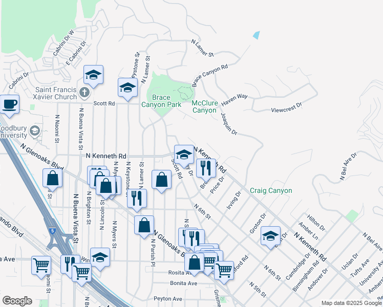 map of restaurants, bars, coffee shops, grocery stores, and more near 2779 Mansfield Drive in Burbank