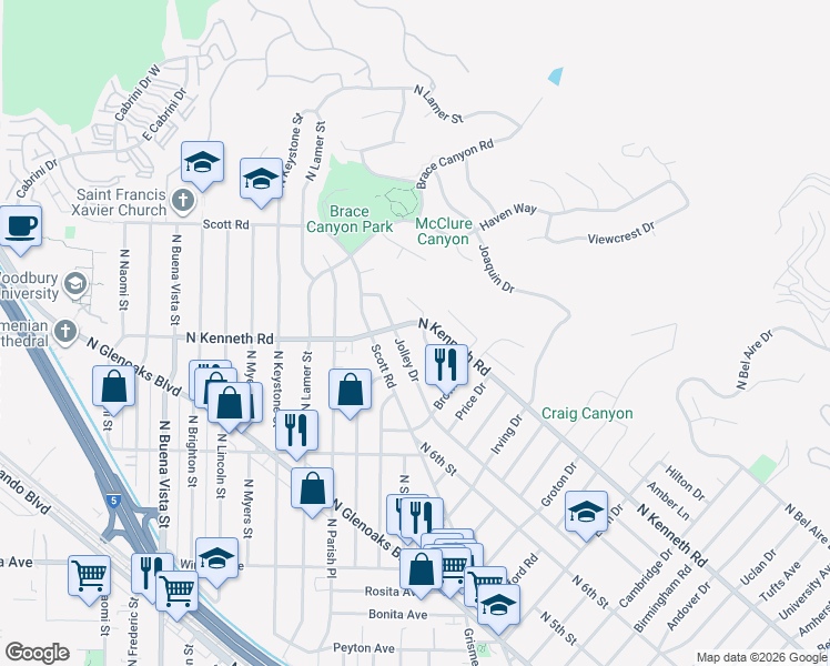 map of restaurants, bars, coffee shops, grocery stores, and more near 2779 Mansfield Drive in Burbank